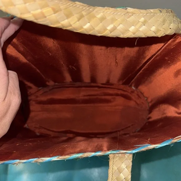 Vintage oversized large gorgeous turquoise blue flower raffia basket beachy bag - Picture 6 of 14